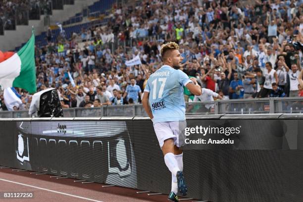 Ciro Immobile of SS Lazio celebrates after scoring a goal during the Italian Super Cup soccer match between FC Juventus and SS Lazio at Stadio...