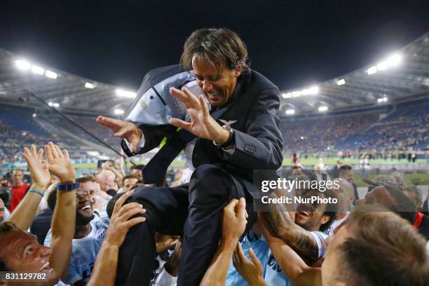 Simone Inzaghi manager of Lazio celebrating with the team after winning the Italian SuperCup TIM football match Juventus vs Lazio on August 13, 2017...