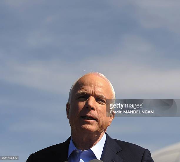Republican presidential nominee, Arizona Senator John McCain, speaks on the passage of the financial bailout bill October 3, 2008 upon arrival in...