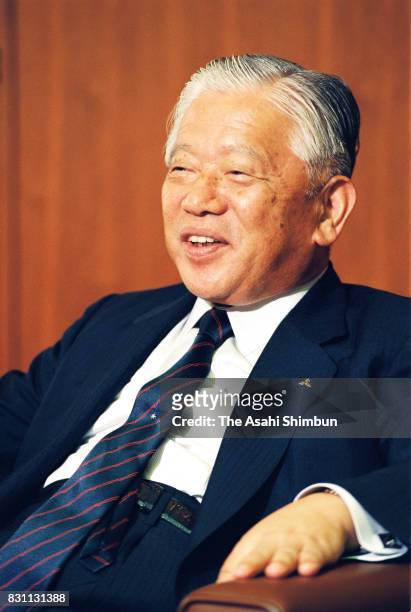 Mitsubishi Heavy Industries President Kentaro Aikawa speaks during the Asahi Shimbun interview at the company headquarters on July 9, 1993 in Tokyo,...
