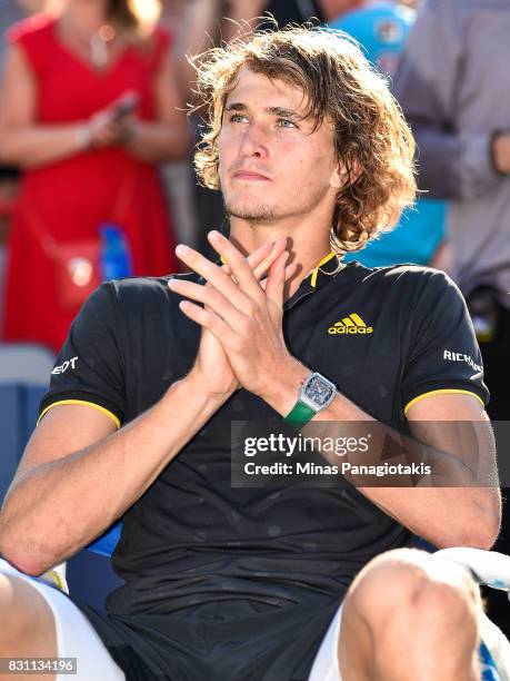 Alexander Zverev of Germany reacts after defeating Roger Federer of Switzerland 6-3, 6-4 in the final during day ten of the Rogers Cup presented by...