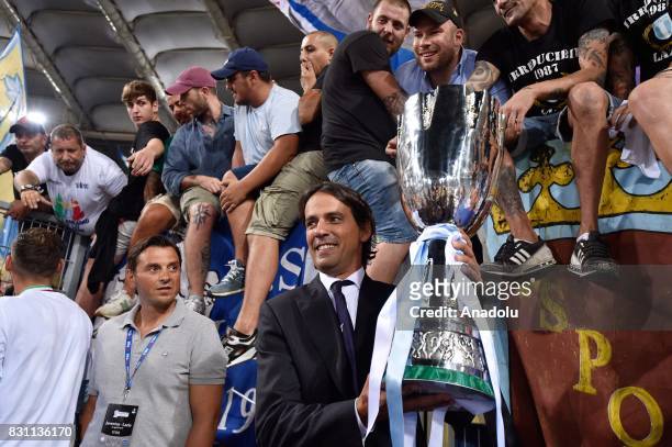 August 13 : Head Coach Simone Inzaghi of SS Lazio celebrates the victory after the Italian Super Cup soccer match between FC Juventus and SS Lazio at...