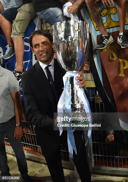 Simone Inzaghi head coach of SS Lazio celebrates the victory after the Italian Supercup match between Juventus and SS Lazio at Stadio Olimpico on...