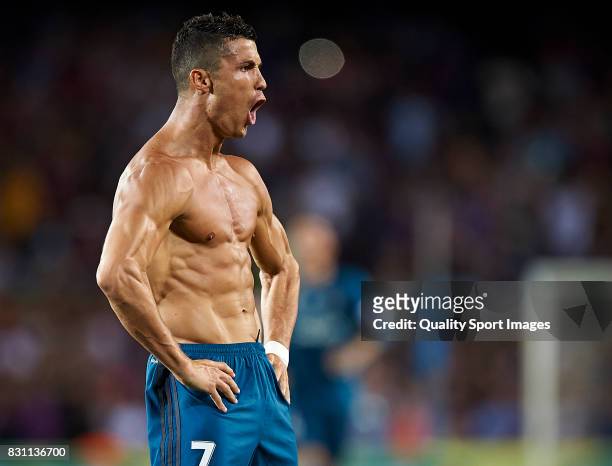 Cristiano Ronaldo of Real Madrid celebrates with his teammates after scoring the second goal during the Supercopa de Espana Supercopa Final 1st Leg...