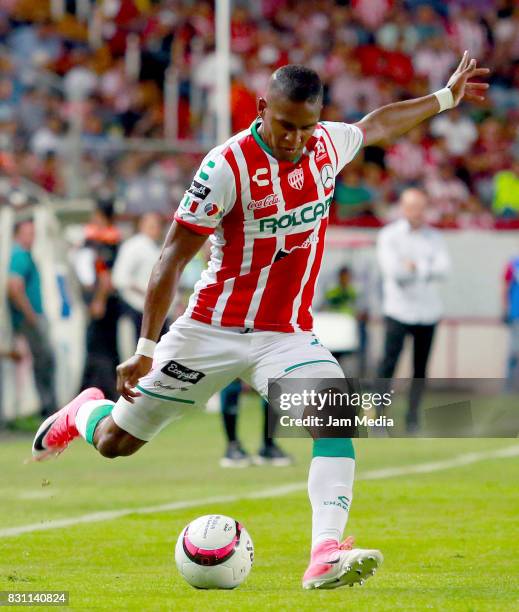 Brayan Beckeles of Necaxa kicks the ball during the 4th round match between Necaxa and Leon as part of the Torneo Apertura 2017 Liga MX at Victoria...