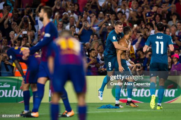 Cristiano Ronaldo of Real Madrid CF celebrates after scoring his team's second goal during the Supercopa de Espana Supercopa Final 1st Leg match...