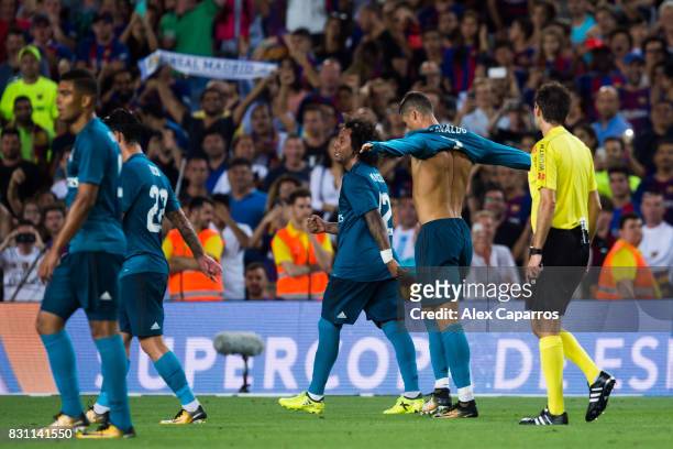 Cristiano Ronaldo of Real Madrid CF celebrates after scoring his team's second goal during the Supercopa de Espana Supercopa Final 1st Leg match...