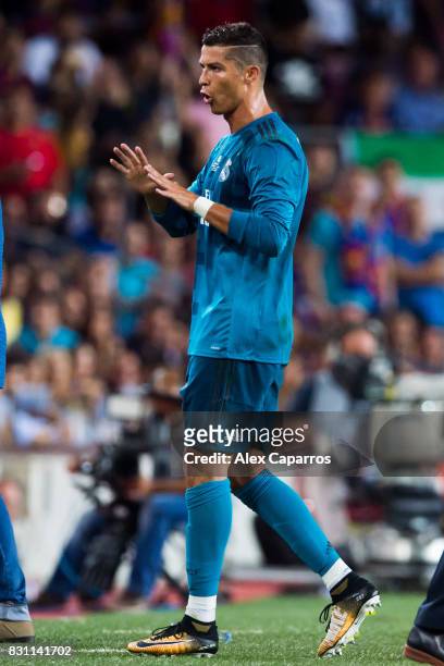 Cristiano Ronaldo of Real Madrid CF reacts after being shown a red card during the Supercopa de Espana Supercopa Final 1st Leg match between FC...
