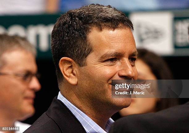 Principal owner Stuart Sternberg of the Tampa Bay Rays talks with some guests just prior to the start of the game against the Chicago White Sox in...