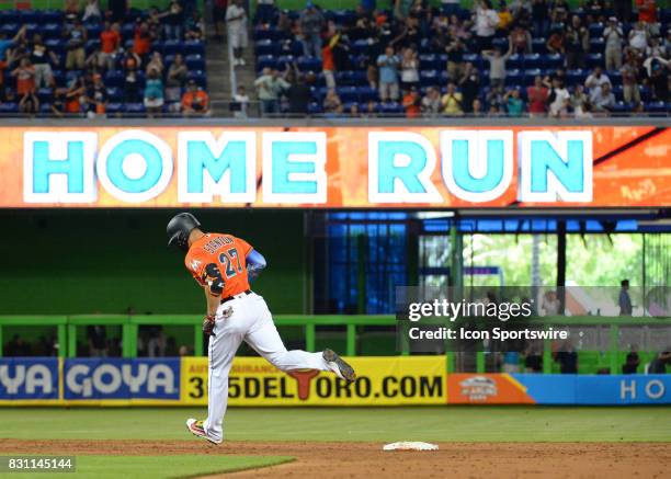 Miami Marlins right fielder Giancarlo Stanton hits his 42nd home run, and ties Gary Sheffield's franchise record set in 1996, during a game between...