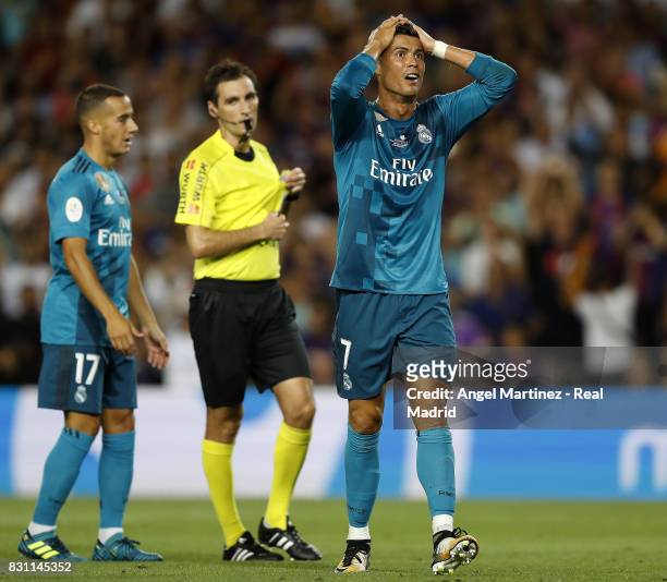 Cristiano Ronaldo of Real Madrid reacts during the Supercopa de Espana Final first leg match between FC Barcelona and Real Madrid at Camp Nou on...