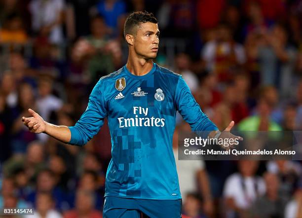 Cristiano Ronaldo of Real Madrid reacts during the Supercopa de Espana Supercopa Final 1st Leg match between FC Barcelona and Real Madrid at Camp Nou...