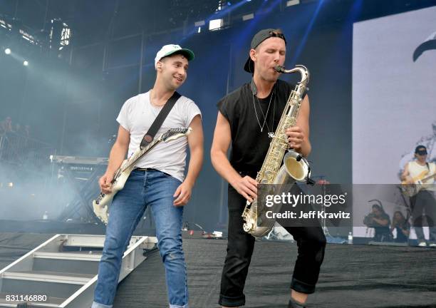 Jack Antonoff and Evan Smith of Bleachers perform on the Lands End stage during the 2017 Outside Lands Music And Arts Festival at Golden Gate Park on...