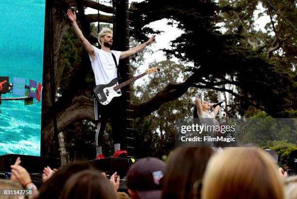 Tucker Halpern and Sophie Hawley-Weld of Sofi Tukker perform on the Twin Peaks Stage during the 2017 Outside Lands Music And Arts Festival at Golden...