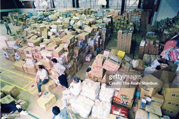 Aid supplys are piled up after the Magnitude 7.8 strong earthquake hit Okushiri Island a week ago at a gymnasium of Okushiri Junior High School on...