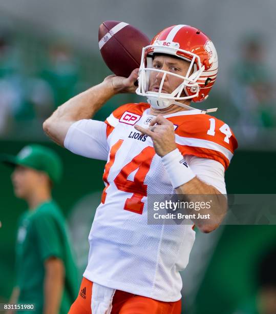 Travis Lulay of the BC Lions throws a pass during pregame warmup for the game between the BC Lions and the Saskatchewan Roughriders at Mosaic Stadium...