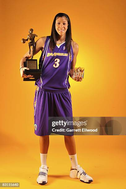 Candace Parker of the Los Angeles Sparks poses for a portrait with the Most Valuable Player Award present by T-Mobile and the Hanns-G 'Go Beyond'...