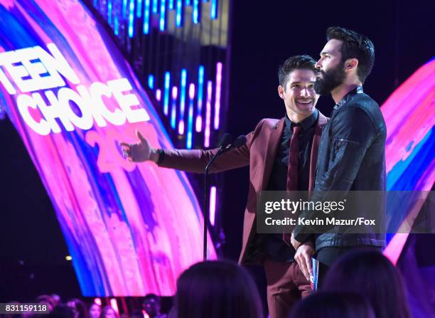 Tyler Posey and Tyler Hoechlin speak onstage at Teen Choice Awards 2017 at Galen Center on August 13, 2017 in Los Angeles, California.