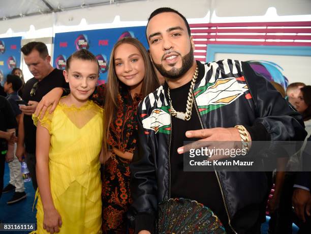 Millie Bobby Brown, Maddie Ziegler and French Montana attend the Teen Choice Awards 2017 at Galen Center on August 13, 2017 in Los Angeles,...