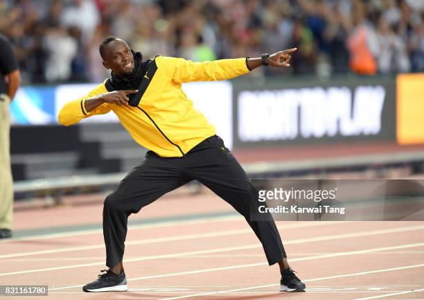 Usain Bolt of Jamaica bids farewell after his last World Athletics Championships during day ten of the 16th IAAF World Athletics Championships at the...