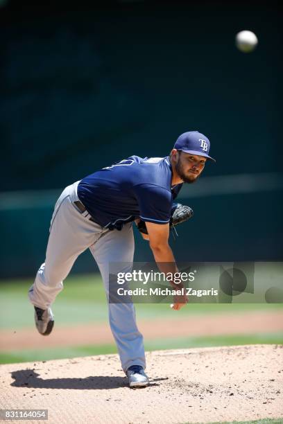 Jacob Faria of the Tampa Bay Rays pitches during the game against the Oakland Athletics at the Oakland Alameda Coliseum on July 19, 2017 in Oakland,...