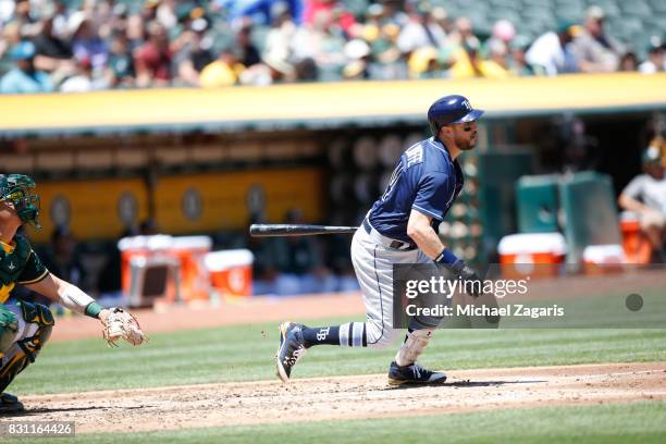 Trevor Plouffe of the Tampa Bay Rays bats during the game against the Oakland Athletics at the Oakland Alameda Coliseum on July 19, 2017 in Oakland,...