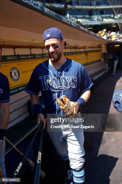 Trevor Plouffe of the Tampa Bay Rays stands in the dugout prior to the game against the Oakland Athletics at the Oakland Alameda Coliseum on July 19,...