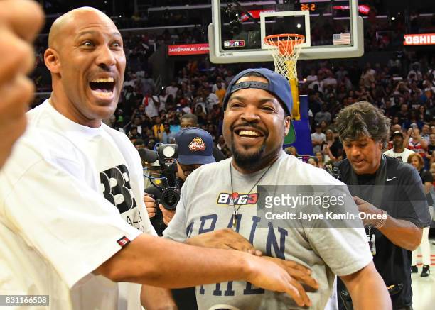 LaVar Ball and ice Cube compete in a four point shooting contest during the BIG3 game event at Staples Center on August 13, 2017 in Los Angeles,...