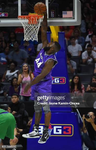 Ivan Johnson of Ghost Ballers dunks during the BIG3 game against the 3 Headed Monsters at Staples Center on August 13, 2017 in Los Angeles,...