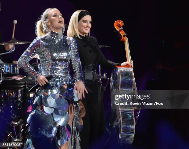 Zara Larsson performs with Grace Chatto of Clean Bandit onstage during the Teen Choice Awards 2017 at Galen Center on August 13, 2017 in Los Angeles,...