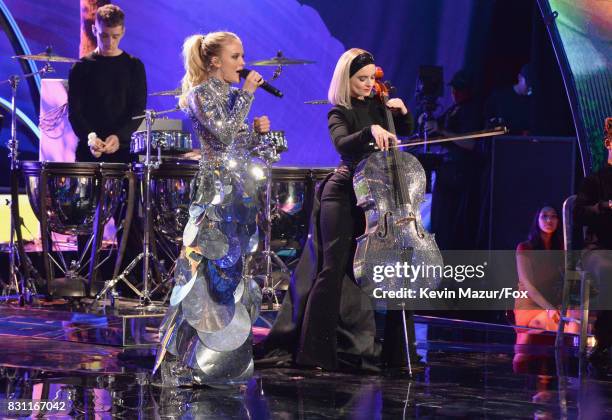 Zara Larsson performs with Luke Patterson and Grace Chatto of Clean Bandit onstage during the Teen Choice Awards 2017 at Galen Center on August 13,...