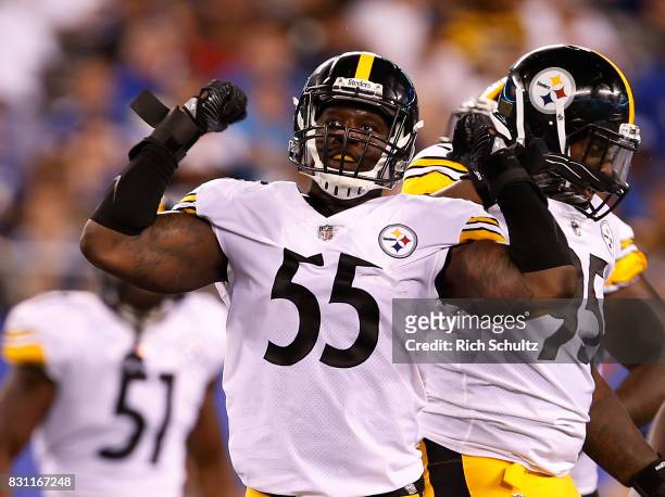 Arthur Moats of the Pittsburgh Steelers in action against the New York Giants during an NFL preseason game at MetLife Stadium on August 11, 2017 in...