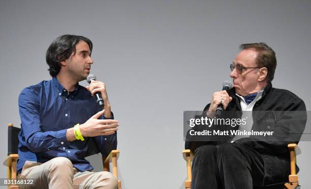 Writer/director Alex Ross Perry and director Peter Bogdanovich speak on stage during 2017 Sundance NEXT FEST at The Theater at The Ace Hotel on...