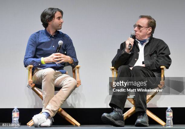 Writer/director Alex Ross Perry and director Peter Bogdanovich speak on stage during 2017 Sundance NEXT FEST at The Theater at The Ace Hotel on...