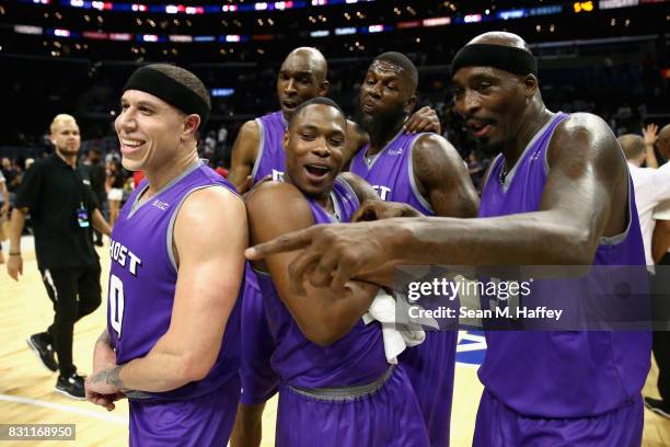 Mike Bibby, #10, Ricky Davis, Marcus Banks, and Joe Smith and Ivan Johnson of Ghost Ballers reacts after defeating 3 Headed Monsters during week...