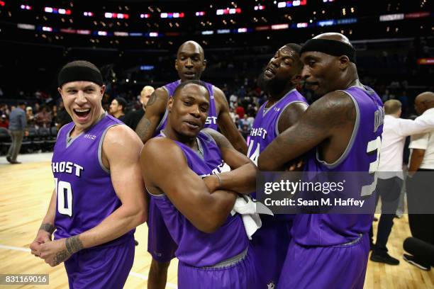 Mike Bibby, #10, Ricky Davis, Marcus Banks, and Joe Smith and Ivan Johnson of Ghost Ballers reacts after defeating 3 Headed Monsters during week...