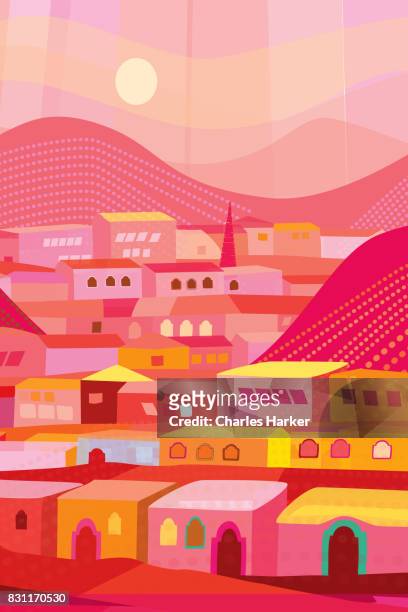 latin american red and orange houses illustration in mountainous landscape folk style - casa oaxaca stock pictures, royalty-free photos & images