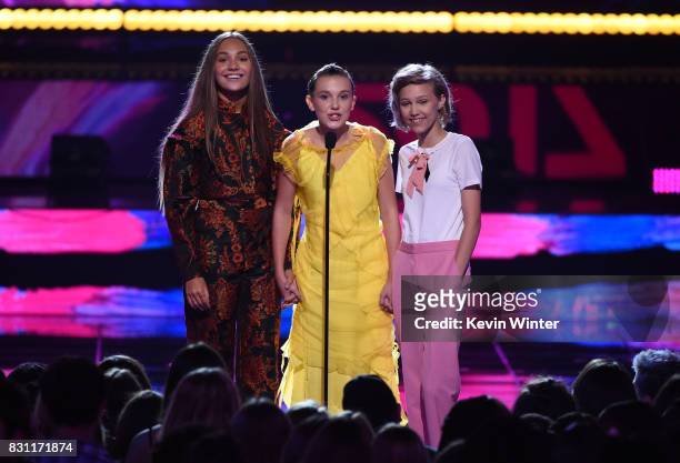 Maddie Ziegler, Millie Bobby Brown and Grace VanderWaal speak onstage during the Teen Choice Awards 2017 at Galen Center on August 13, 2017 in Los...