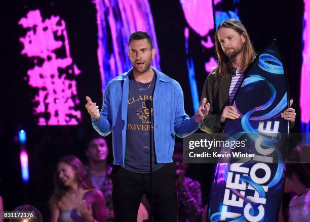 Adam Levine and James Valentine of Maroon 5 accept the Decade Award onstage during the Teen Choice Awards 2017 at Galen Center on August 13, 2017 in...