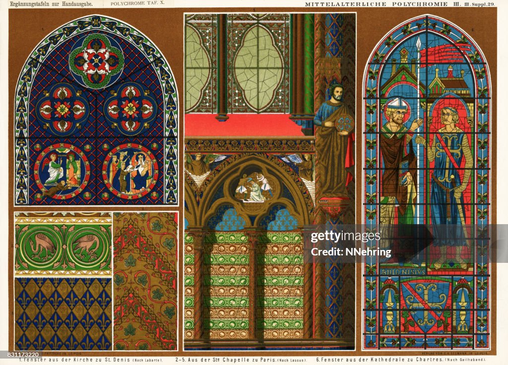 Stained glass windows in Basilica of St. Denis, Sainte-Chapelle and Cathedral of Chartres