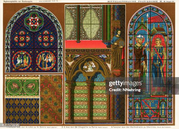 stained glass windows in basilica of st. denis, sainte-chapelle and cathedral of chartres - sainte chapelle stock illustrations