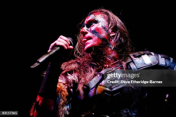 Singer Warlord Mygard of Turisas performs on stage in support of Dragonforce at the Astoria on October 3, 2008 in London.