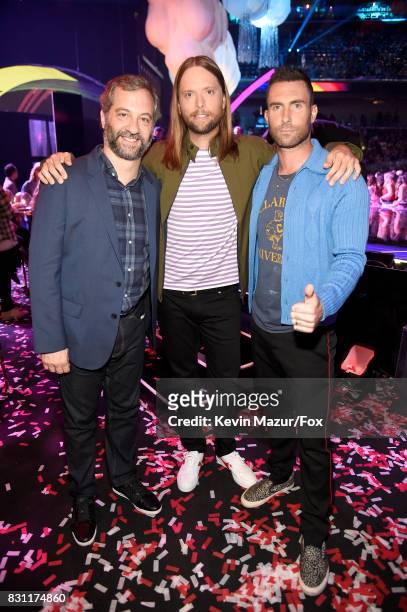 Judd Apatow and James Valentine and Adam Levine of Maroon 5 attend Teen Choice Awards 2017 at Galen Center on August 13, 2017 in Los Angeles,...