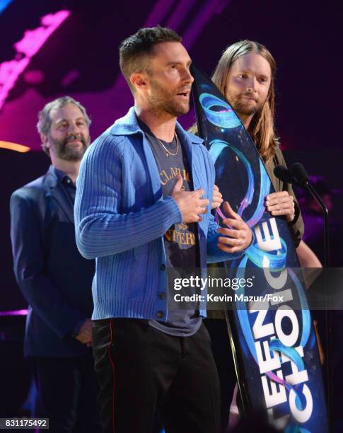 Adam Levine and James Valentine of Maroon 5 accept the Decade Award from Judd Apatow onstage during the Teen Choice Awards 2017 at Galen Center on...