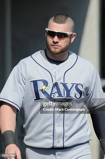 Jonny Gomes of the Tampa Bay Rays looks on while sporting his playoff bound mohawk haircut during the game against the Detroit Tigers at Comerica...