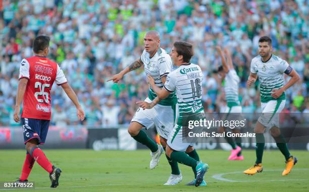 Jorge Enriquez of Santos celebrates after scoring the first goal of his team during the 4th round match between Santos Laguna and Veracruz as part of...