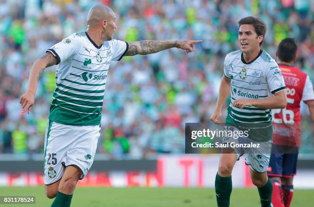 Jorge Enriquez of Santos celebrates after scoring the first goal of his team during the 4th round match between Santos Laguna and Veracruz as part of...