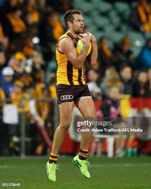 Luke Hodge of the Hawks marks the ball during the 2017 AFL round 21 match between the Hawthorn Hawks and the North Melbourne Kangaroos at the...