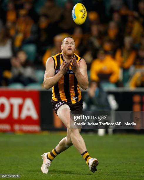 Jarryd Roughead of the Hawks marks the ball during the 2017 AFL round 21 match between the Hawthorn Hawks and the North Melbourne Kangaroos at the...