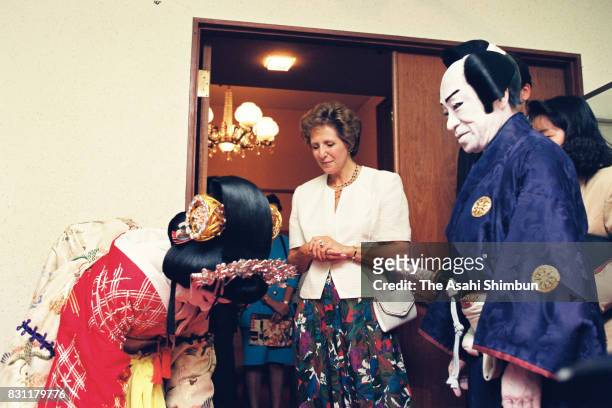 Norma Major, wife of British Prime Minister John Major talk with kabuki actors after enjoying kabuki at the Kabukiza Theatre on September 19, 1993 in...